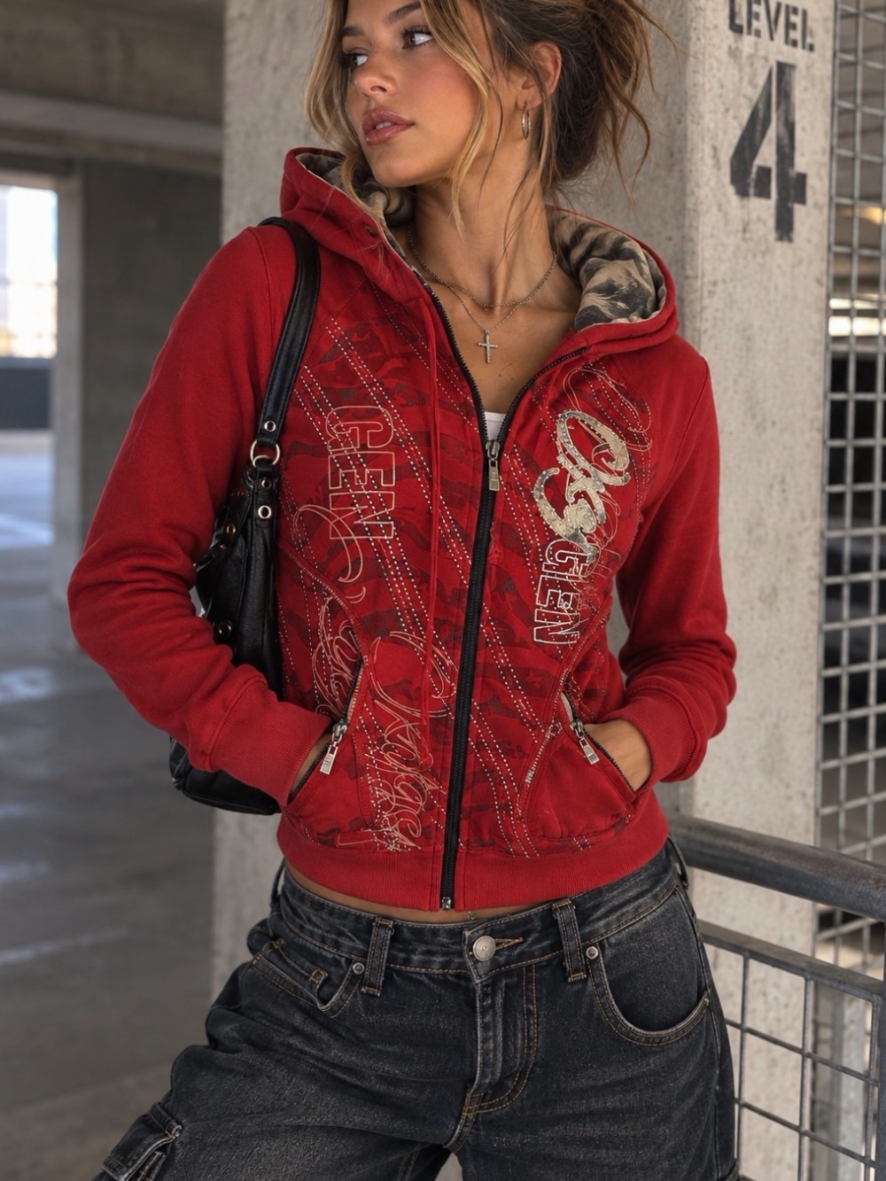 Red Y2K Graphic Zip Up Hoodie Embellished Rhinestone Streetwear Small